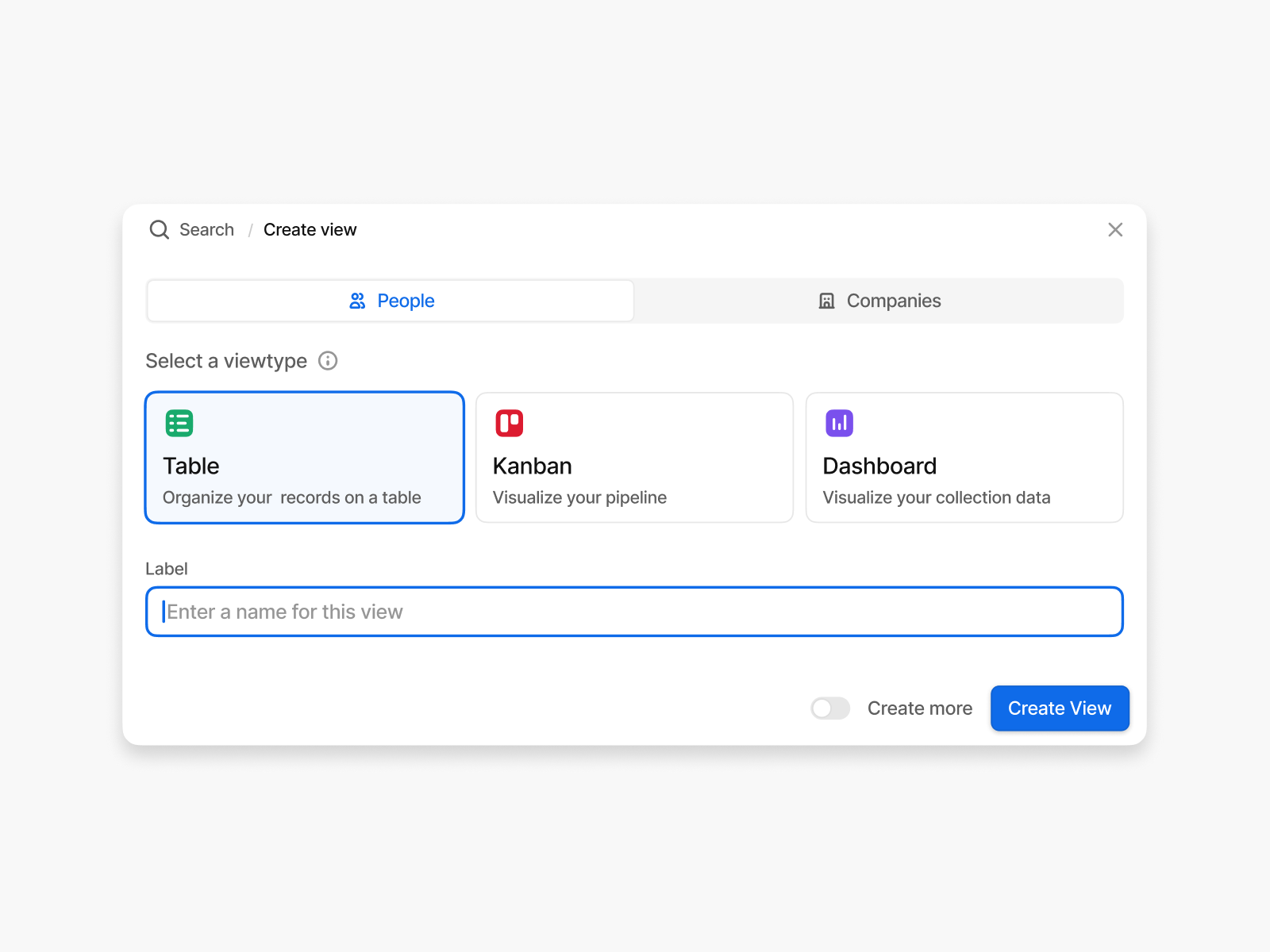 Attio – Create View cards clean create collections crm dashboard icons interactive kanban layers light mimir minimal table toggle ui user centric user focused ux view types views