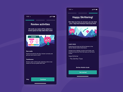 Onboarding screens for flashcard app dark mode dark mode onboarding flashcard language app language learning onboarding onboarding screens progress indicator progress screens purple skritter