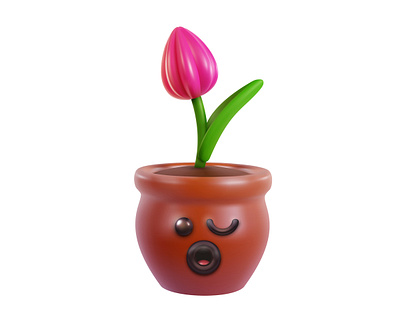 Flower 3d cartoon character cute emotion face flower funny illustration kawaii nature plant pot sweet tulip vector