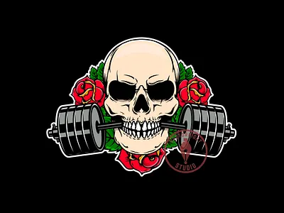 Skull with gym barbell in teeth. barbell dumbbell gym illustration logo procreate roses skull skull with barbell skull with roses t shirt print tattoo vector vintage