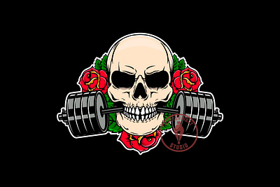 Skull with gym barbell in teeth. barbell dumbbell gym illustration logo procreate roses skull skull with barbell skull with roses t shirt print tattoo vector vintage