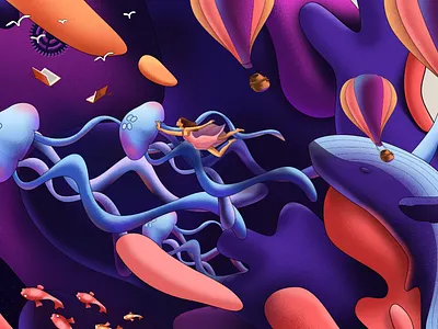 Illustration Fantasy World bird blue book clock fish fly girl gradient hot air balloon illustration jellyfish ocean purple sea surrealism swim swimming whale