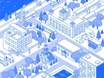 City center buildings illustration isometric monochrome outline
