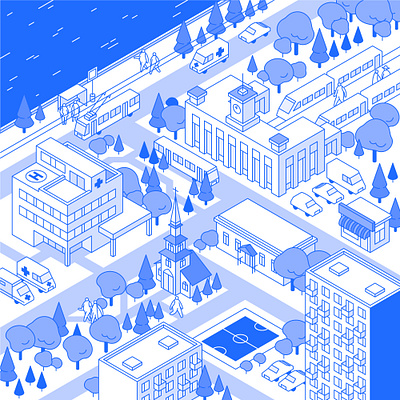 City center buildings illustration isometric monochrome outline