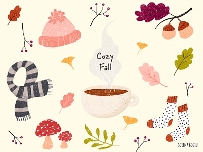 Cozy Fall acorn autumn cozy cup cute design fall illustration illustrator mushrooms pattern photoshop pink scarf socks