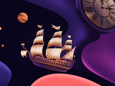 Illustration Sailboat and Clock blue clock gradient illustration purple sailboat space surrealism