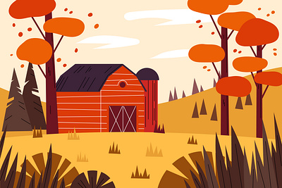 Autumn landscape autumn buildings flat illustration landscape orange vector
