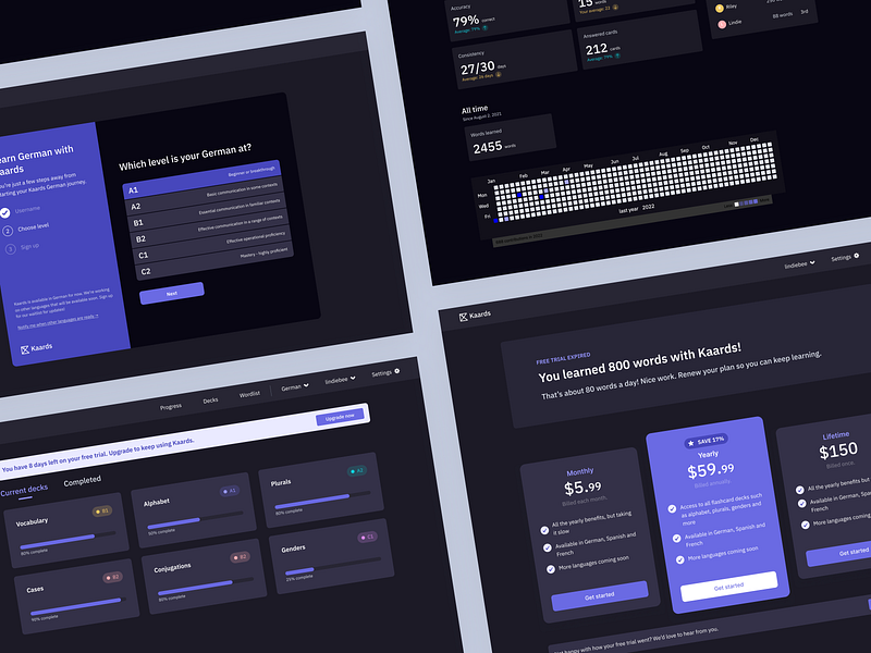 Language learning flashcard app screens card design dark mode dashboard desktop figma flashcard language app language learning log in onboarding payment purple statistics stats subscription page subscriptions tables ui ux