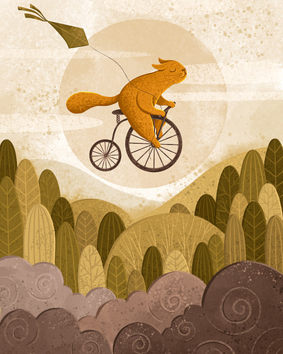 Summer mood bicycle book cat character children cloud design flat flying illustration kidlit kitty photoshop postcard procteate rastr sky summer texture tree