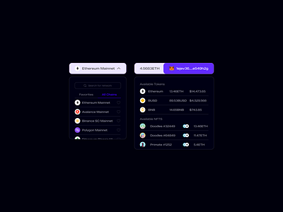 Network Switching and Wallet Drop Down(s) (Dark Mode) blockchain crypto defi design figma product ui