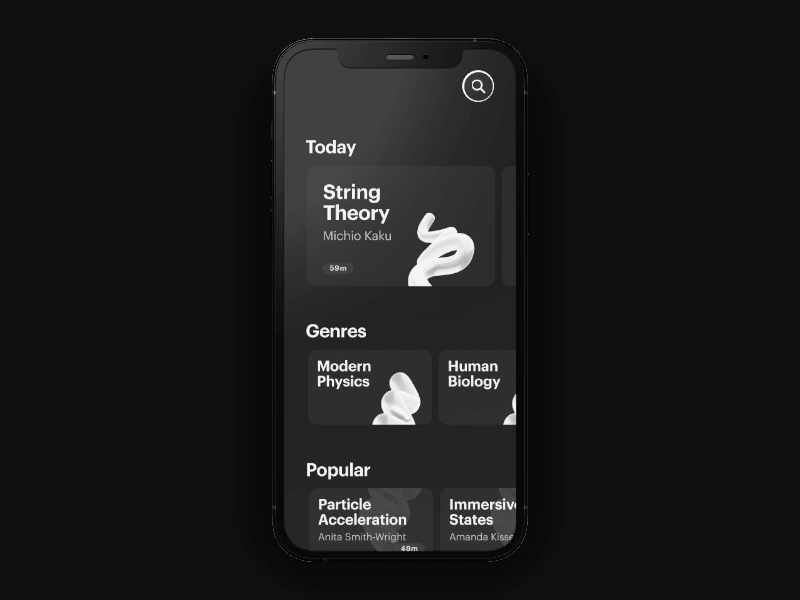 Science-Based Video on Demand App 2022 3d animation app black black and white brutalism dark mode dark theme home screen mobile ui modern motion design ui video