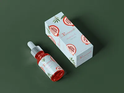 Pomegranate Brand bottle box branding colors cosmetic design graphic design green illustration illustrator logo logo design minimal packaging pomegranate red serum skin skin care vitamin c