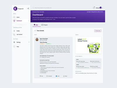 My.org Idea Dashboard dashboard design images like media panel post project search side social ui ux