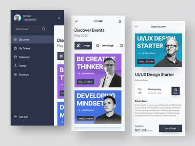 Event & Workshop Mobile App - Evenup app card clean conference design event festival layout minimalist mobile app mobile design modern navigation poster seminar ticket ui uiux ux workshop