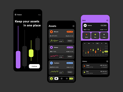 Swace ː crypto wallet, mobile app analysis app asset banking blockchain candlestick card chart crypto dark theme dynamic island finance fintech investment mobile splash transaction wallet web 3.0