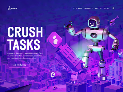 Crush it - 3d illustration, web & app design 3d blender illustration ios app landing page robot web design website