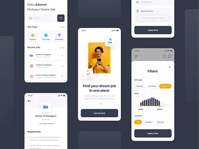 Job Finder - Mobile App application dark theme design job finder job hunt job vacancy mobile app ui uidesign user experience ux worker