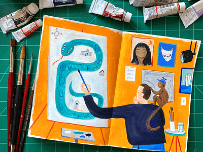 Painter at Work art character color pencil drawing editorial gouache illustration monkey paint painting people sketchbook snake traditional watercolor