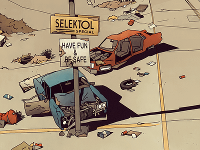 FUTURO DARKO: Stick N Stones/Page 28 car comic desert driver end future futurodarko illustration road wasteland wrecks