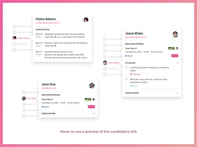 Quick preview of candidates in an Applicant Tracking System ats candidate card hover preview product design profile recruitment ui ux