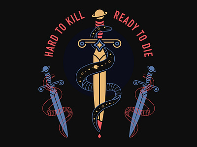 Hard to Kill – Ready to Die badge badge design branding dagger design graphic design hay hayhaily illustration logo logo design logo mark planet snake space stars sword tattoo vector
