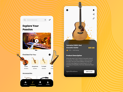 Music Instruments Store App - Black Theme app app design black clean ui dark design ecommerce guitar shop instruments minimal mobile app mobile app design music music shop online music store online store shop store store app uiux