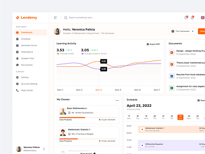 Lendemy - Dashboard academy app chart dashboard design learning lecture login mockup motion graphics overview school score statistic styleguide teacher ui web app website wireframe
