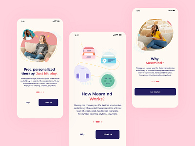 Meomind Onboarding app onboarding app ui app ux best app ui best onboarding branding meditation app mindfulness minimal app ui modern onboarding onboarding screens onboarding ui onboarding ux pastel pink therapy app therapy ui ux ui women app