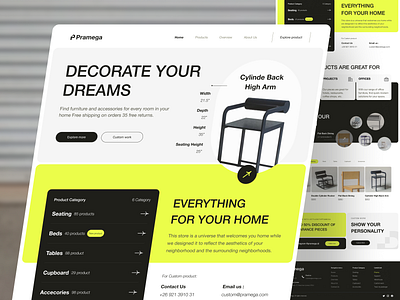 Pramega - Furniture Store Website Page Design call to action chair decoration e shop ecommerce feature furnish furniture header hero section homedecor interior landing page marketplace online store product ui design uiuxdesign website