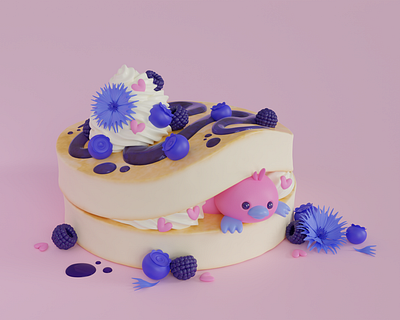 💙Pancakes with platypus🥞 3d 3dartist 3dmodel b3d blender blueberries breakfast cute food illustration lowpoly pancakes platypus yummy