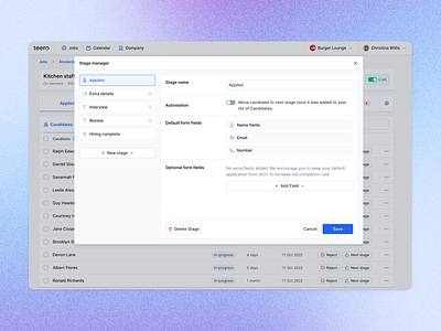Job stage manager crm dashboard funnel funnel settings greenhouse hiring job jobs lever manager recruiting recruitment settings settings modal stage stage manager step step manager step settings teero