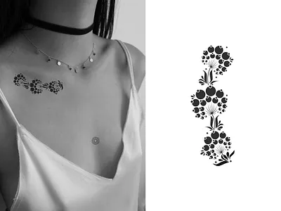 Tattoo from Petrikovskaya painting art black branding breast design fashion illustration logo model ornament petrikovskaya painting photo picture style tattoo tenderness ukraine ukrainian viburnum woman