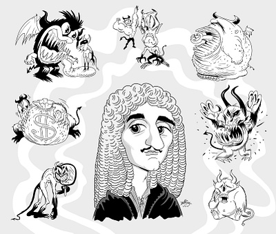 Moliere and the Seven Deadly Sins avarice caricature cartooning envy french gluttony graphic design lust moliere philosophy poster seven deadly sins sins sloth vanity wrath