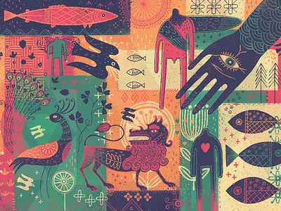 H A M S A 40winks exhibition folk giclee hamsa illustration lion myth nature peacock prints stevesimpson wall art