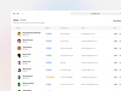 Table Component avatar badge clean cms component design design system figma interface minimal search system table ui ui design ui kit ux ux deisgn web web design