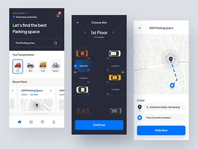 Parking Mobile app animation app booking car clean design find parking location map minimalist mobile app modern motion graphics parking parking space route ui uiux ux vehicle