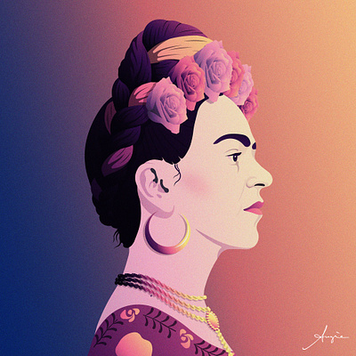 Frida Kahlo - Powerful Woman #017 collectible contrast digital art flat design frida kahlo gradients illustration nft nft art nft artist nft collection pink portrait powerful women purple tribute vector vector artist vector illustration yellow