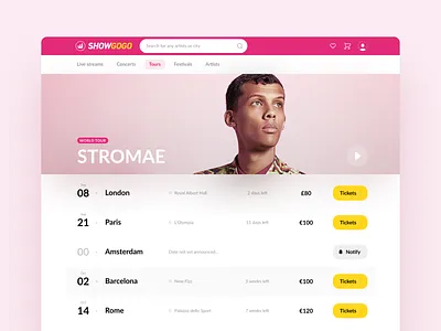 Tour concerts list concert music tour ui