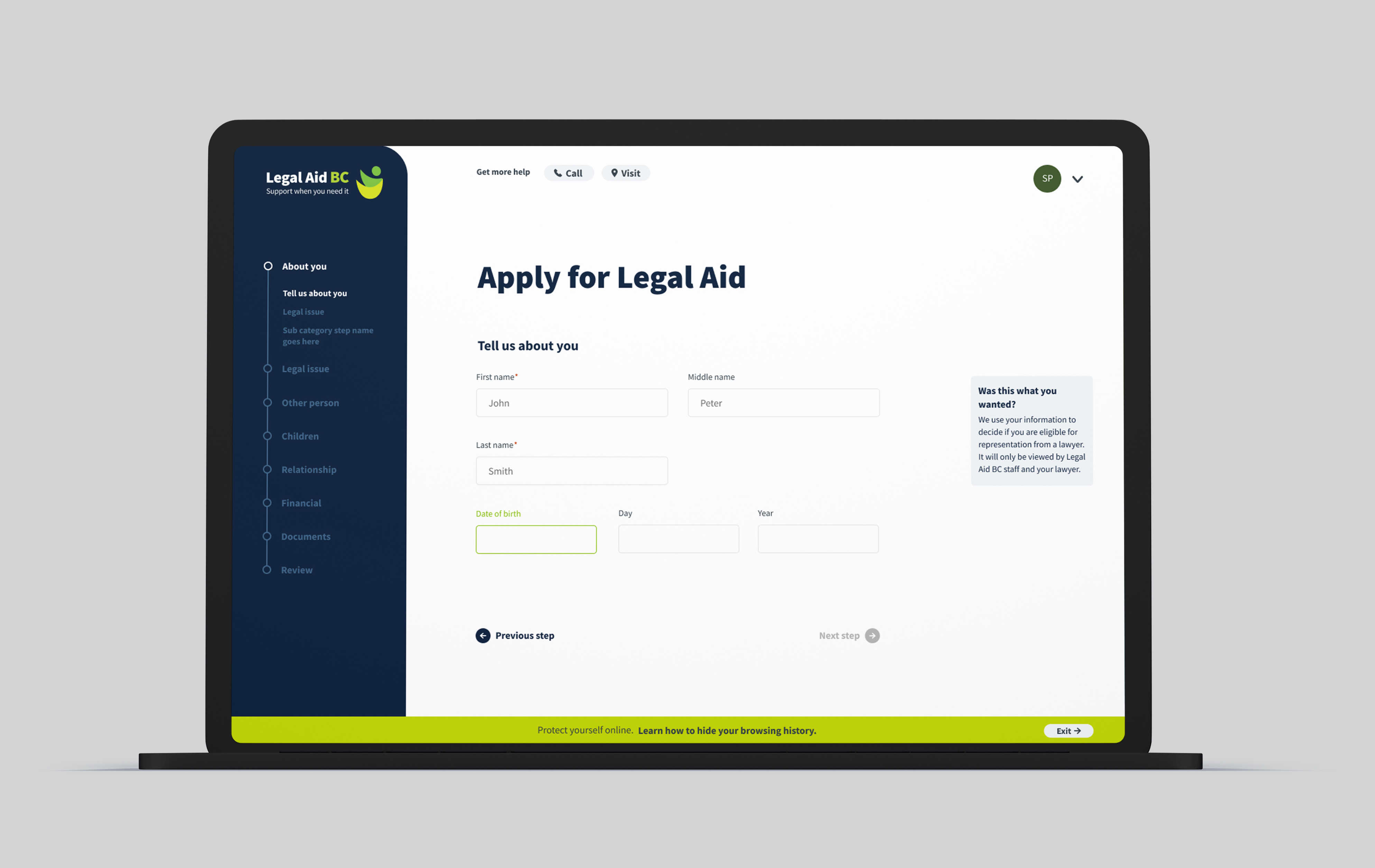 Example of Legal Aid BC Client Portal interface