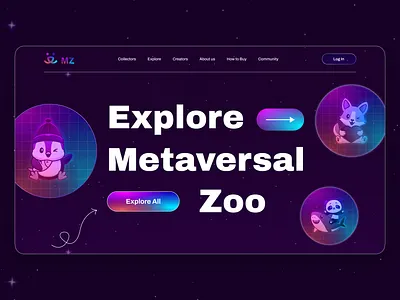 Metaversal Zoo First Screen button creative crypto dark gradient graphic header hologram illustaration logo metaverse nft space stars typography ui user interface