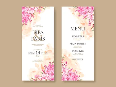 Romantic watercolor cherry blossom wedding menu card set abstract