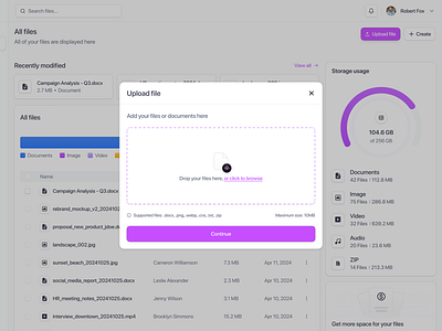 Cloud Storage File Manager Dashboard - Drag & Drop File Upload cloud cloud file manager component dashboard drag drop drive file file manager file manager dashboard file upload modal pop up product design saas storage ui uiux upload web app web design