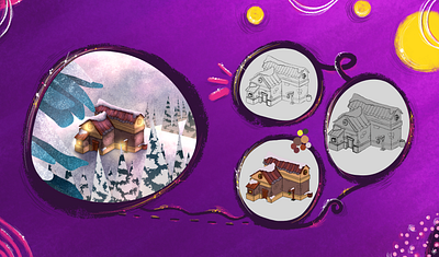 Proceso creativo de una casa, escenario ilustrado 2d animation argentina casa creativo design digital escenario fantasia illustration ilustracion ilustradora nieve painting portafolio portfolio proceso sketch