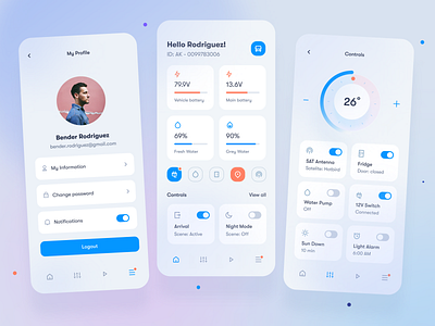 Smart Home App UI app automation car cards clean controller dashboard home interface light minimal mobile profile remote control smart home smartapp smarthome stats ui ux