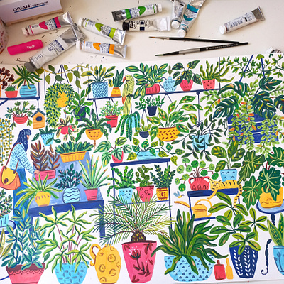 Plant Nursery art drawing gouache hand drawn illustration painting plants puzzle art