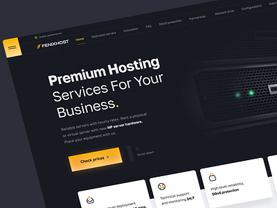 FenixHost – Cloud Hosting Landing Page business clean cloud dark dashboard database desktop enterprise finance hero header illustration landing page product design server storage system ui web design web hosting yellow