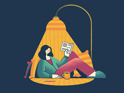 Cozy evening with a book illustration book character color cozy design girl graphic design illustration light night person procreate project reading sitting textures ui vector