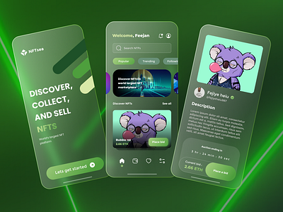 NFT App UI Design appdesign bitcoin blockchain crypto crypto currency dribble ethereum glassmorphism nft nftapp nftwallet opensea token ui uidesign uiux