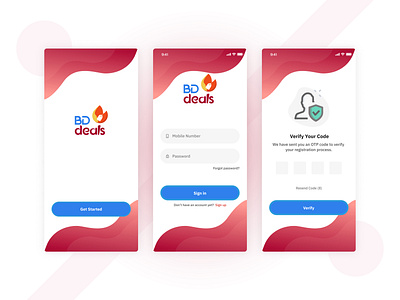 Bd Deals Mobile App Splash, login & verify screen UI Concept. adobe photoshop adobexd app apps bd branding deals design figma illustration ios login logo mobile retailer splash ui ux verify website