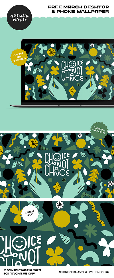 Free Illustrated & Hand-Lettered Desktop Wallpaper abstract art licensing choice collage color colour cutout free geometric illustration lettering luck lucky modern pattern shapes surface pattern typography vector wallpaper